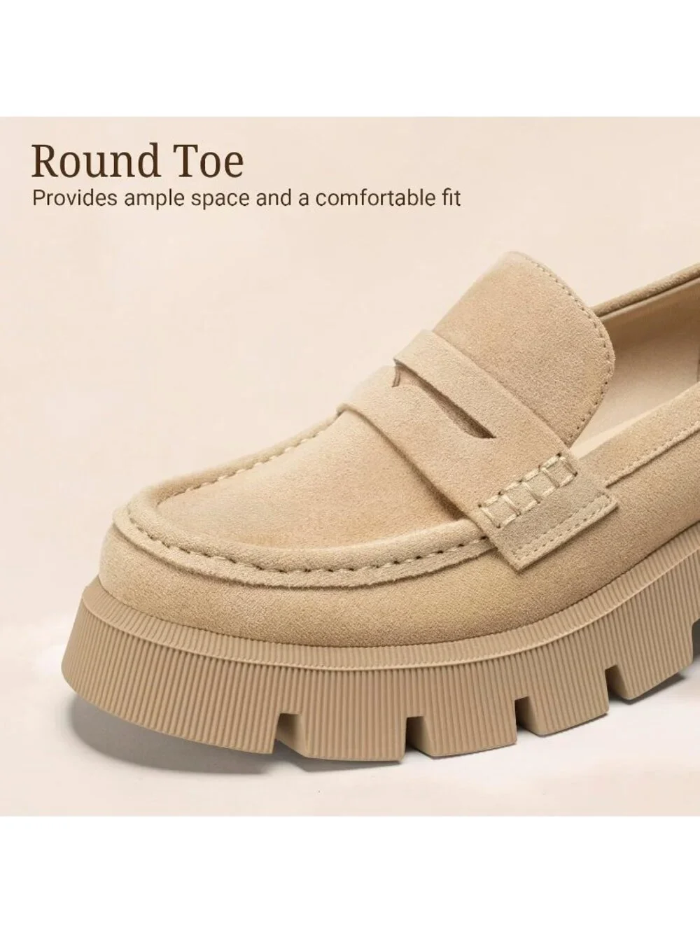 Women's Camel Round Toe Heeled Chunky Lug Sole Slip On Casual Penny Loafer Shoes